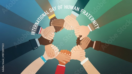 Diverse hands clasped together in unity on international day of human fraternity with colorful sleeves and radiant background with diversity