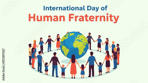 Diverse group of people from around the world holding hands in unity around the globe on international day of human fraternity with diversity