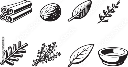Thanksgiving Spices and Herbs Black and White 3D Line Art Icon eps