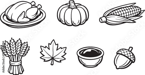 Thanksgiving Core Feast Icons Set Black and White Line Art eps