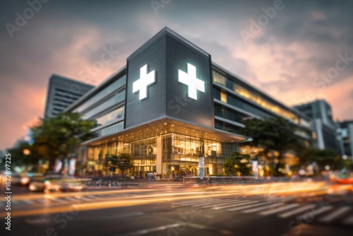 Modern medical center building illuminated at dusk with glowing cross signs.