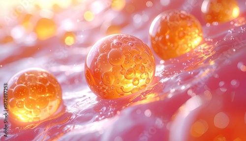 Orange cells on pink surface.