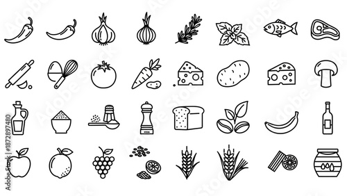 Collection of Various Food Icons in Black.