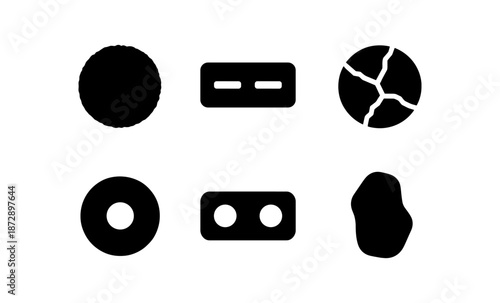 Collection of six abstract black shapes and icons on a white background