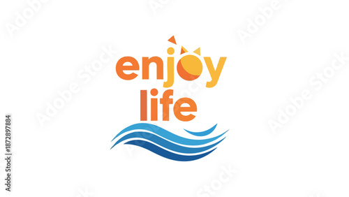 Vibrant graphic design promoting happiness and a positive outlook on existence with sunny elements and calming ocean waves, inspiring a joyful