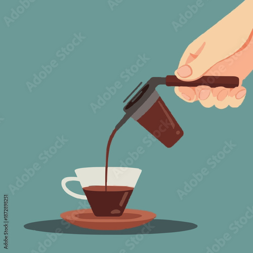 hand holding a cup of coffee,vector illustration of freshly brewed coffee being poured into a cup using a coffee server