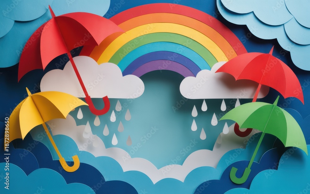 Fototapeta premium Rainbow Emerging from Cloudy Skies with Umbrellas