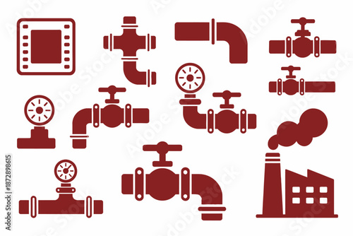Industrial Pipes and Valves Icon Set for Engineering Design