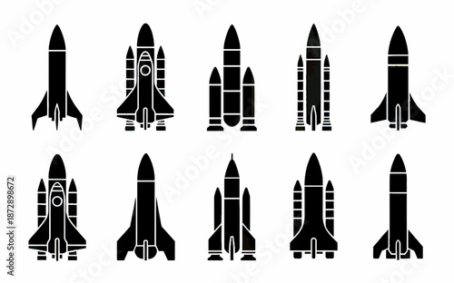 Collection of rocket illustrations in black and white styles