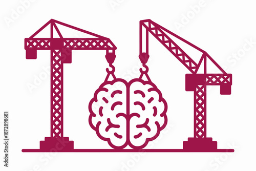 Cranes lifting brain symbolizing construction of mind and intelligence
