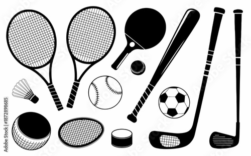 Collection of various sports equipment for different games