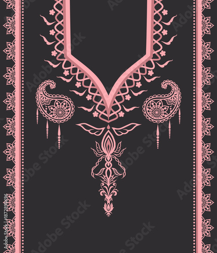 Elegant ornamental collar neckline full panel design in black and soft pink. Suitable for textile printing, garment panels, embroidery reference, traditional fashion and apparel manufacturing.