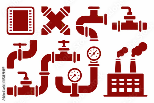 Industrial icons set with pipes gauges and factory symbols