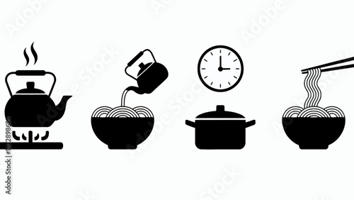 Illustrated Steps for Cooking Noodles in Black and White