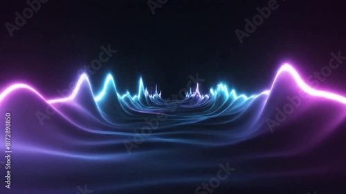 Vibrant 4K Video visualization of glowing blue and purple sound waves undulating through a dark futuristic landscape