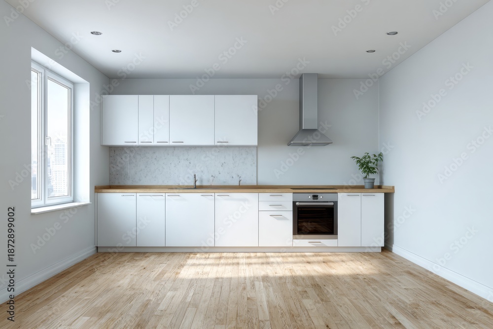 Fototapeta premium Modern white kitchen with clean lines and wooden floors.