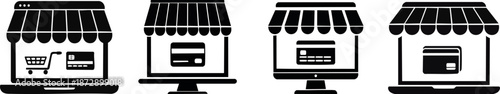 Merchant & E-commerce Payment. Iconic black and white illustrations of online shopping carts and payment methods displayed on computer screens.