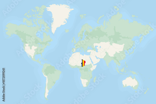 Chad Highlighted on World Map with National Flag. Chad Map and Flag.