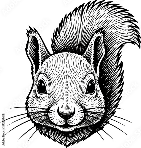 A detailed drawing of a squirrel head shows the animals features, including large eyes, ears, and a bushy tail. The art emphasizes lines and texture.