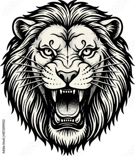 The drawing displays a lion head with a fierce look, featuring detailed fur, intense eyes, and sharp teeth. This design is ideal for tattoos or art projects.