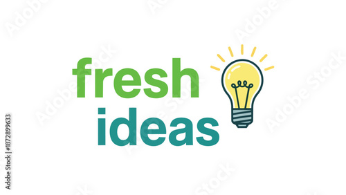 A clear and vibrant graphic display illustrating the concept of 'fresh ideas' accompanied by a brightly glowing light bulb, symbolizing innovation