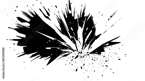 Abstract black ink splash or shattered glass effect on a white background, creating a dynamic and sharp visual.