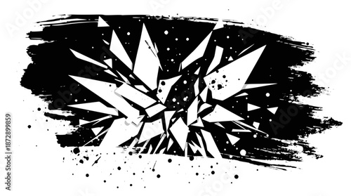 Abstract black and white illustration of a shattered explosion with sharp fragments and grunge brushstrokes.