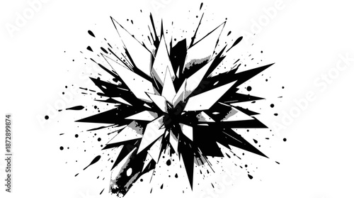 Abstract black and white explosion with sharp geometric fragments and ink splatters, creating a dynamic and chaotic visual effect.