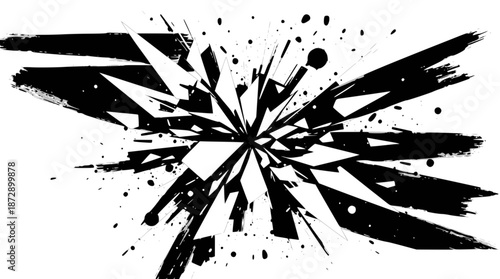 Abstract black and white explosion with shattered fragments and grunge splatters radiating outwards.