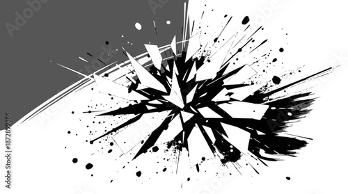 Abstract black and white explosion with shattered fragments and paint splatters.