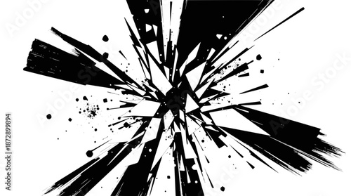 Abstract black and white graphic design of an explosion or shattering effect with sharp fragments and splatters.
