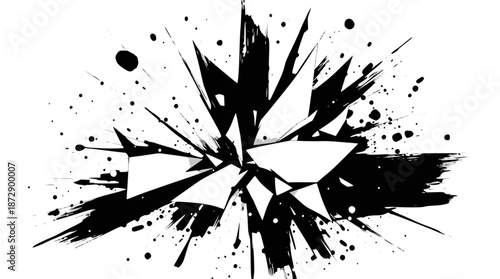 Abstract black and white explosion with shattered fragments and grunge ink splatters.