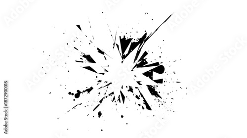 A dynamic black ink brush stroke with scattered splatters on a clean white background, creating an abstract and artistic effect.