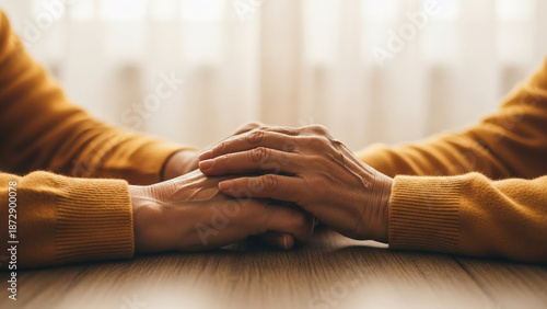 Close-up shot of two people wearing yellow sweaters holding hands on a wooden table, symbolizing comfort, support, and deep emotional Connectioneering. This image conveys empathy, help, and relations