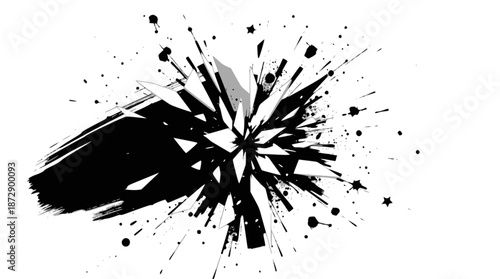 Abstract black and white explosion with shattered fragments and ink splatters creating a dynamic visual effect.