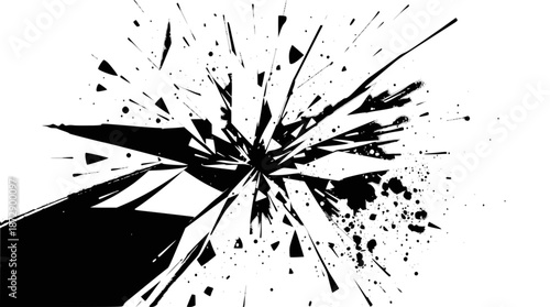 Black and white abstract illustration of a dynamic explosion or shattered glass effect with sharp fragments and ink splatters.
