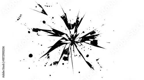 Abstract black and white graphic design resembling shattered glass or an explosion with sharp radiating lines and splatters.