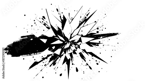 Abstract black and white explosion with sharp fragments and ink splatters, creating a dynamic shattered effect.