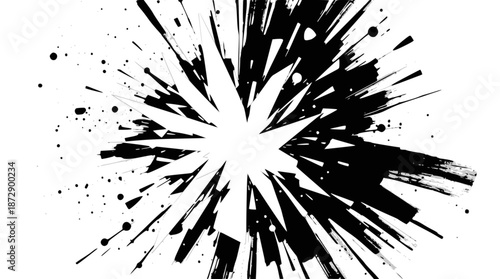 Black and white abstract explosion effect with sharp radiating lines and splatters, creating a dynamic and chaotic visual impact.