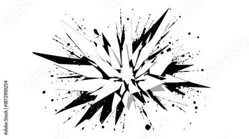 Abstract black and white explosion with sharp shattered fragments and ink splatters creating a dynamic and chaotic visual effect.