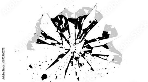 Abstract black and white illustration depicting shattered glass or an explosive impact with sharp fragments and debris.