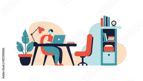 Person working on laptop at desk in home office setup.