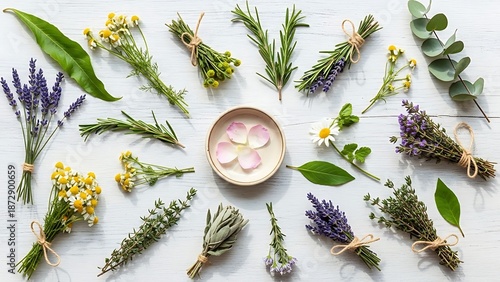 Collection of fresh aromatic herbs and flowers with spa bowl on white wood, symbolizing natural wellness and aromatherapy