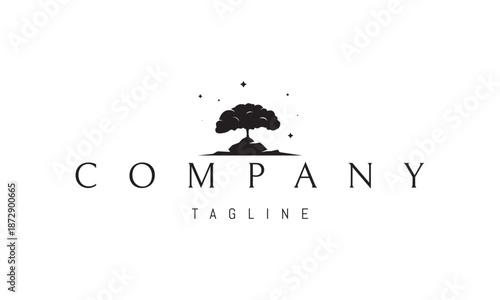A vector logo featuring an abstract image a tree growing atop a rocky cliff, symbolizing resilience, strength, and enduring nature.