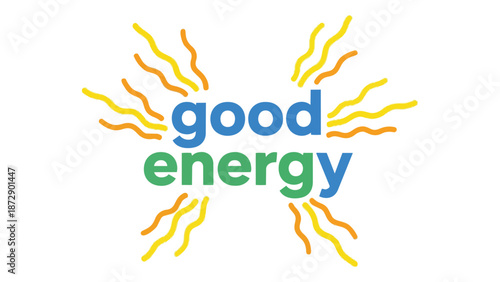 A vibrant graphic logo showcasing 'good energy' in blue and green text. Dynamic yellow and orange wavy lines radiate outward, symbolizing positive