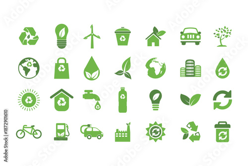Green Energy Icon Set, Renewable Energy and Eco Charging Symbols