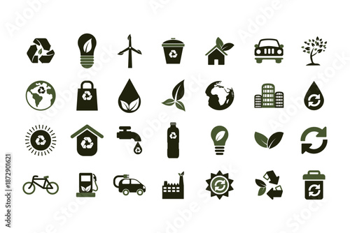 Green Energy Icon Set, Renewable Energy and Eco Charging Symbols