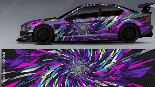 Custom car wrap design featuring a vibrant, abstract, geometric swirl pattern in purple, pink, blue, and green, applied to a sports car.