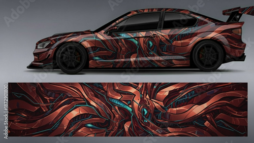 A custom-wrapped sports car with an intricate copper and teal abstract design, showcasing a unique automotive aesthetic.