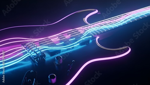 Futuristic Neon Electric Guitar Musical Instrument Artistic Illustration Rendered Image